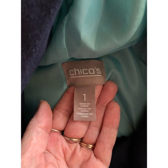 Chico's Hooded Faux Wool Coat Navy Blue With Teal Lining Mid Length Sz 1 (S) - Picture 13 of 16